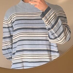 Karen Scott Blue and White Striped Turtleneck Sweater